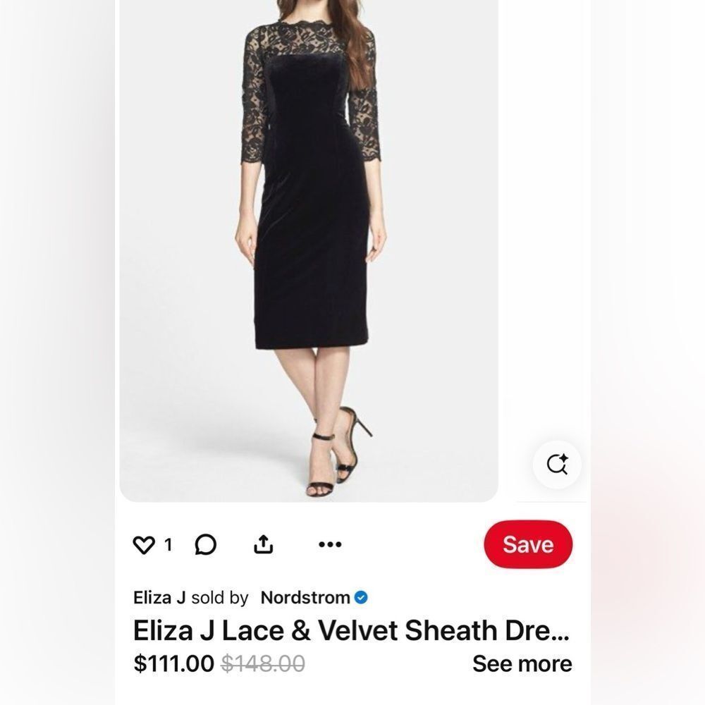 Eliza J lace & velvet sheath black midi dress 3/4 sleeves fully lined‎ sz 8 - Picture 7 of 16